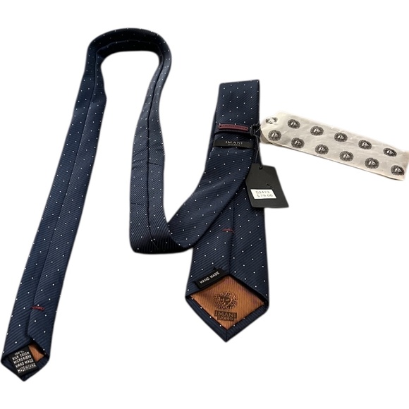IMANI UOMO Handmade 100% Silk Pointed Skinny Pattern Men's Navy Blue Tie & Hanky - Picture 3 of 7